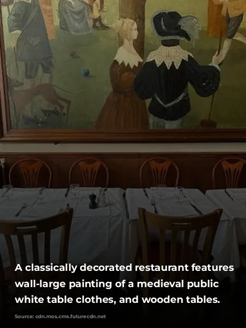 A classically decorated restaurant features a wall-large painting of a medieval public gathering, white table clothes, and wooden tables.