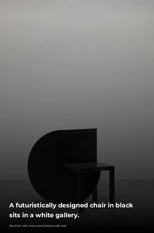 A futuristically designed chair in black wood sits in a white gallery.