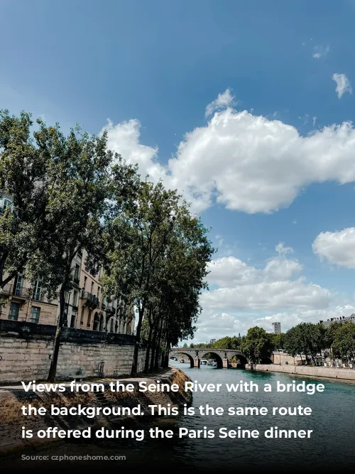 Views from the Seine River with a bridge in the background. This is the same route that is offered during the Paris Seine dinner cruise