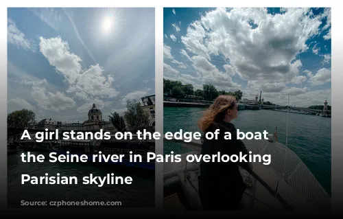 A girl stands on the edge of a boat on the Seine river in Paris overlooking the Parisian skyline