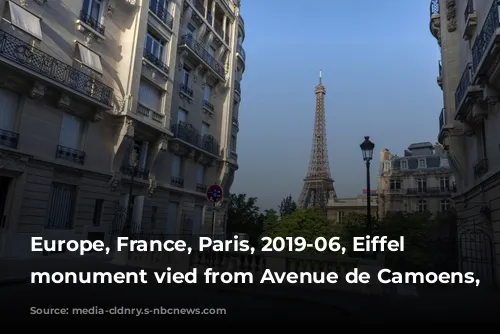 Europe, France, Paris, 2019-06, Eiffel Tower monument vied from Avenue de Camoens, 16eme.