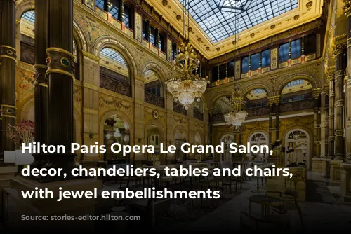 Hilton Paris Opera Le Grand Salon, gold decor, chandeliers, tables and chairs, columns with jewel embellishments