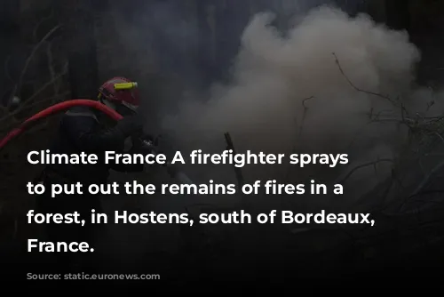 Climate France A firefighter sprays water to put out the remains of fires in a burnt forest, in Hostens, south of Bordeaux, southwestern France.