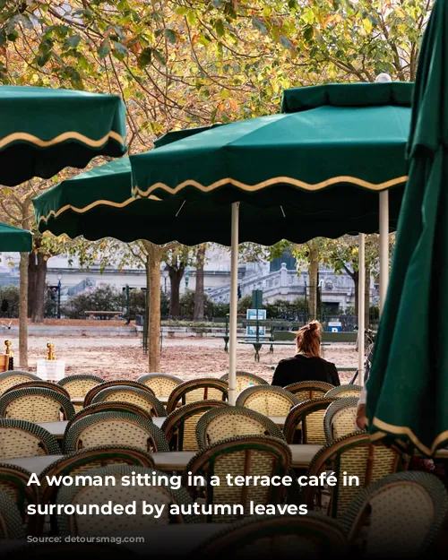 A woman sitting in a terrace café in Paris surrounded by autumn leaves