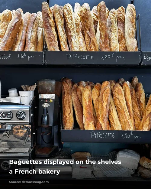 Baguettes displayed on the shelves of a French bakery