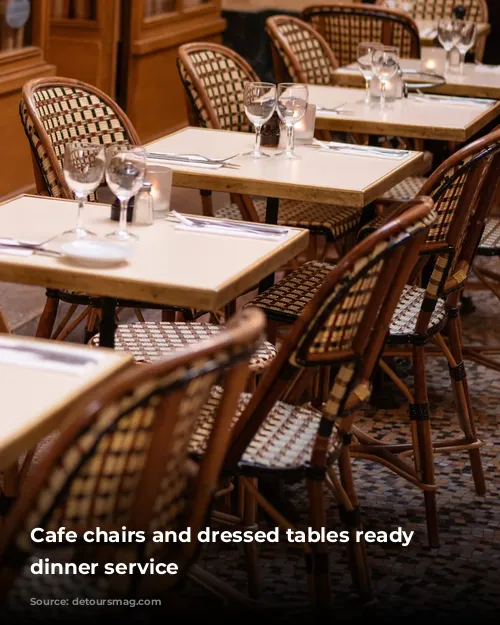 Cafe chairs and dressed tables ready for dinner service