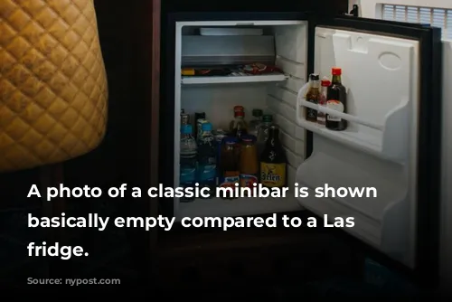 A photo of a classic minibar is shown as basically empty compared to a Las Vegas fridge.
