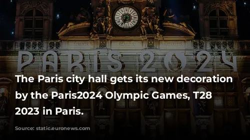 The Paris city hall gets its new decoration inspired by the Paris2024 Olympic Games, T28 November 2023 in Paris.