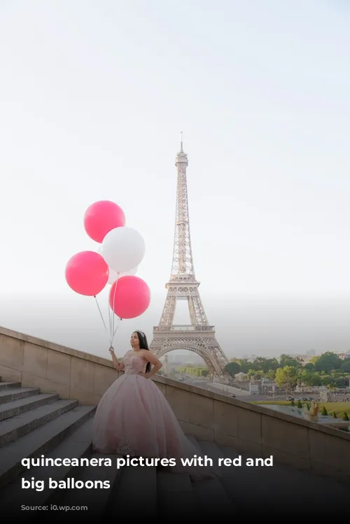 quinceanera pictures with red and white big balloons