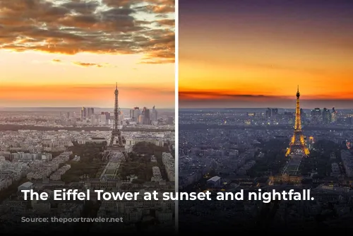 The Eiffel Tower at sunset and nightfall.