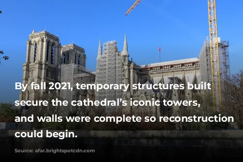 By fall 2021, temporary structures built to secure the cathedral’s iconic towers, vaults, and walls were complete so reconstruction work could begin.