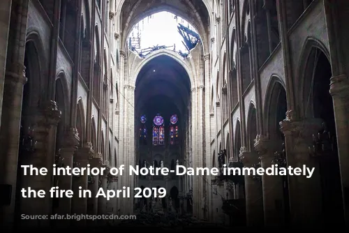 The interior of Notre-Dame immediately after the fire in April 2019