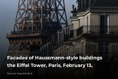 Facades of Haussmann-style buildings near the Eiffel Tower, Paris, February 13, 2024.