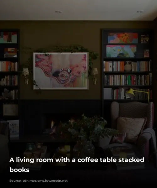 A living room with a coffee table stacked with books