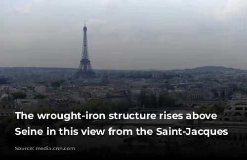 The wrought-iron structure rises above the Seine in this view from the Saint-Jacques Tower.