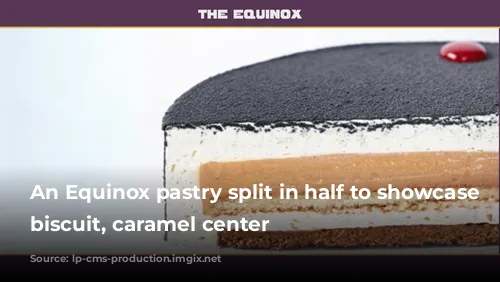 An Equinox pastry split in half to showcase the biscuit, caramel center