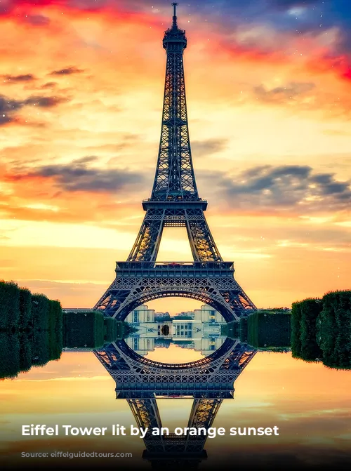 Eiffel Tower lit by an orange sunset