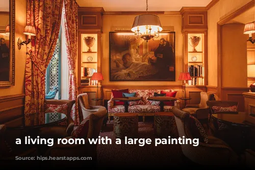 a living room with a large painting