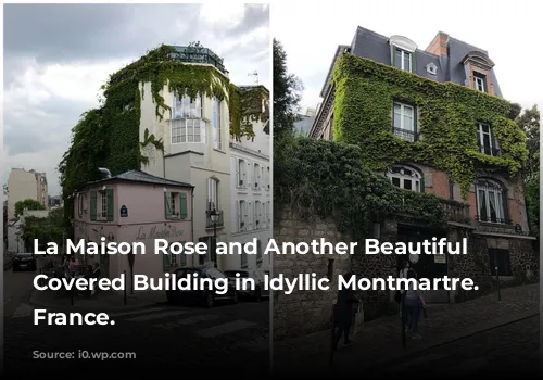 La Maison Rose and Another Beautiful Ivy Covered Building in Idyllic Montmartre. Paris, France.