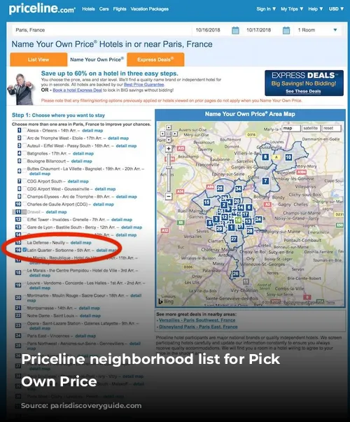 Priceline neighborhood list for Pick Your Own Price