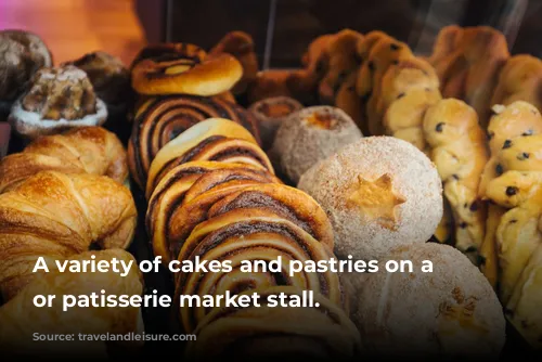 A variety of cakes and pastries on a boulangerie or patisserie market stall.