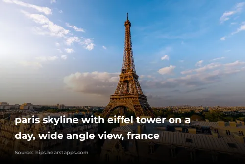 paris skyline with eiffel tower on a sunny day, wide angle view, france