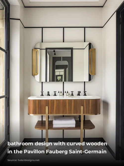 bathroom design with curved wooden vanity in the Pavillon Fauberg Saint-Germain