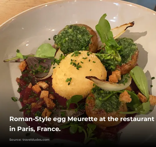 Roman-Style egg Meurette at the restaurant Juveniles in Paris, France.