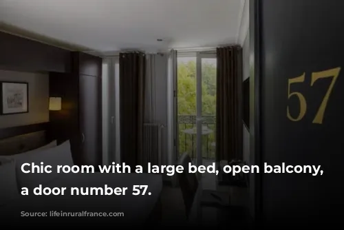 Chic room with a large bed, open balcony, and a door number 57.