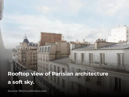 Rooftop view of Parisian architecture under a soft sky.