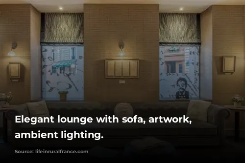 Elegant lounge with sofa, artwork, and ambient lighting.