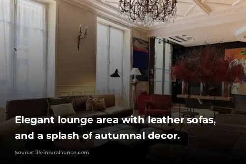 Elegant lounge area with leather sofas, chandelier, and a splash of autumnal decor.