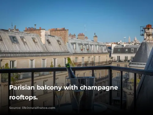 Parisian balcony with champagne overlooking rooftops.