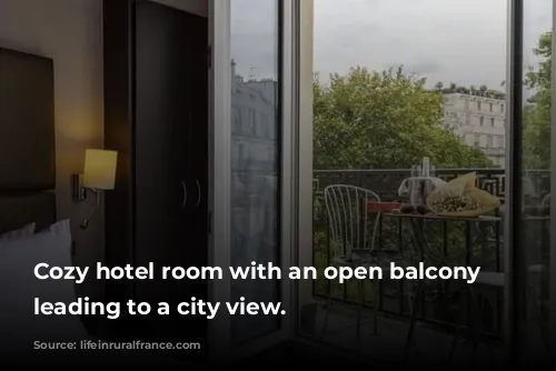 Cozy hotel room with an open balcony door leading to a city view.