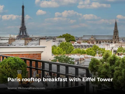 Paris rooftop breakfast with Eiffel Tower view.