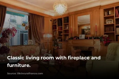 Classic living room with fireplace and plush furniture.