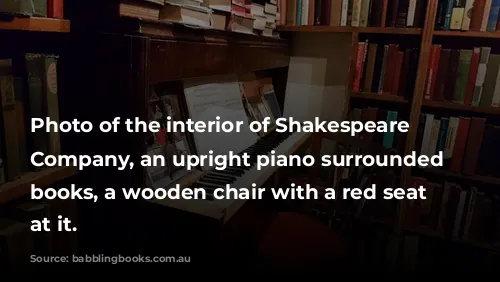 Photo of the interior of Shakespeare & Company, an upright piano surrounded by books, a wooden chair with a red seat sits at it.