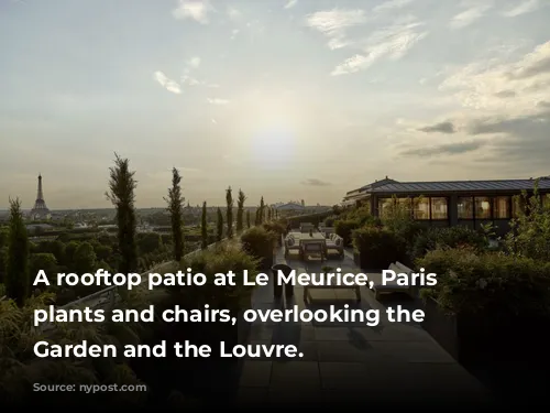 A rooftop patio at Le Meurice, Paris with plants and chairs, overlooking the Tuileries Garden and the Louvre.