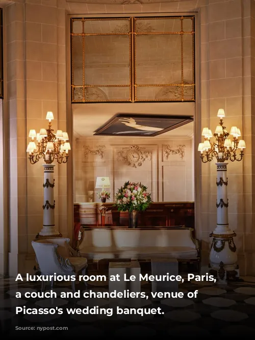 A luxurious room at Le Meurice, Paris, featuring a couch and chandeliers, venue of Pablo Picasso's wedding banquet.