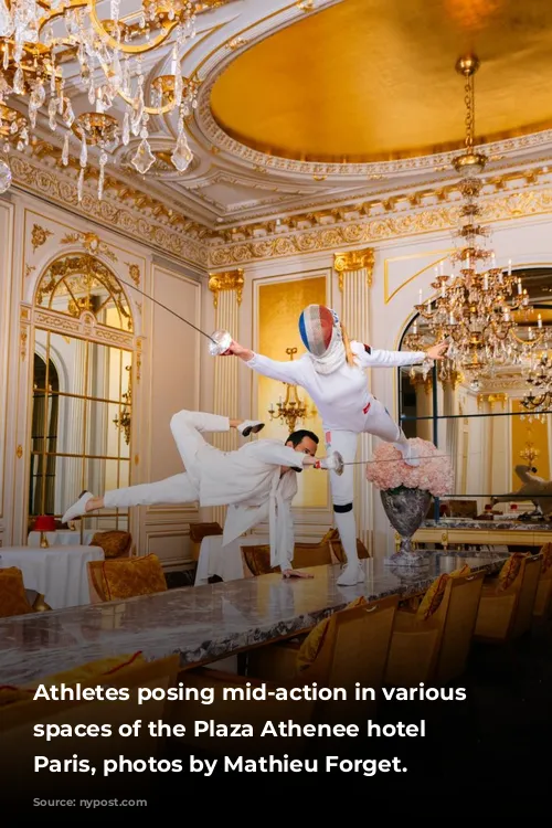 Athletes posing mid-action in various iconic spaces of the Plaza Athenee hotel in Paris, photos by Mathieu Forget.