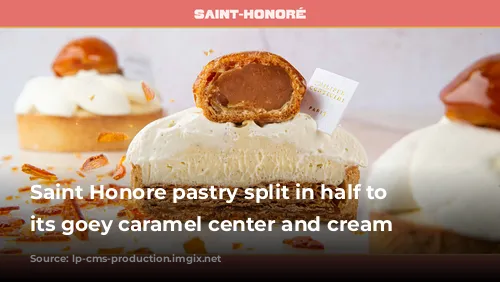 Saint Honore pastry split in half to showcase its goey caramel center and cream topping