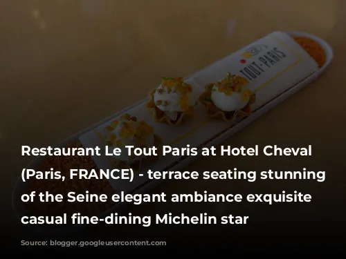 Restaurant Le Tout Paris at Hotel Cheval Blanc (Paris, FRANCE) - terrace seating stunning views of the Seine elegant ambiance exquisite elevated casual fine-dining Michelin star