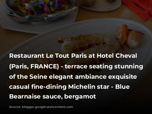 Restaurant Le Tout Paris at Hotel Cheval Blanc (Paris, FRANCE) - terrace seating stunning views of the Seine elegant ambiance exquisite elevated casual fine-dining Michelin star - Blue lobster, Bearnaise sauce, bergamot