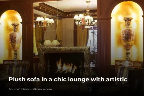 Plush sofa in a chic lounge with artistic decor.