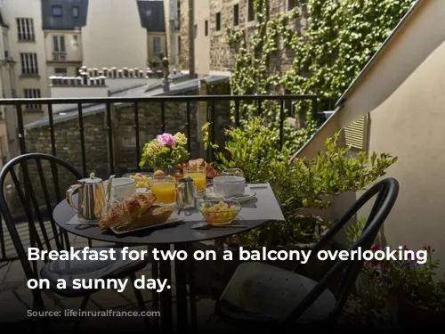 Breakfast for two on a balcony overlooking rooftops on a sunny day.