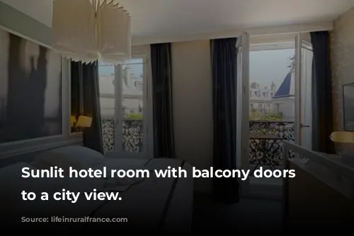 Sunlit hotel room with balcony doors open to a city view.