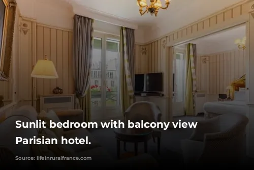 Sunlit bedroom with balcony view in Parisian hotel.