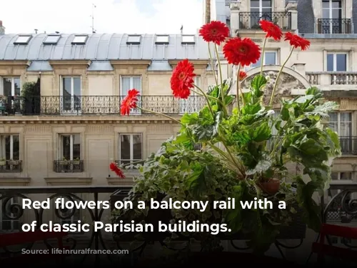 Red flowers on a balcony rail with a backdrop of classic Parisian buildings.