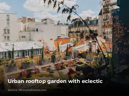 Urban rooftop garden with eclectic furniture.