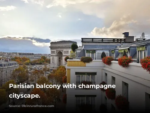 Parisian balcony with champagne and cityscape.